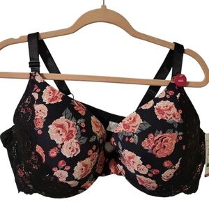 Ashley Stewart Black Floral Full Coverage Underwire Bra, Plus Size 46D NEW w/Tag